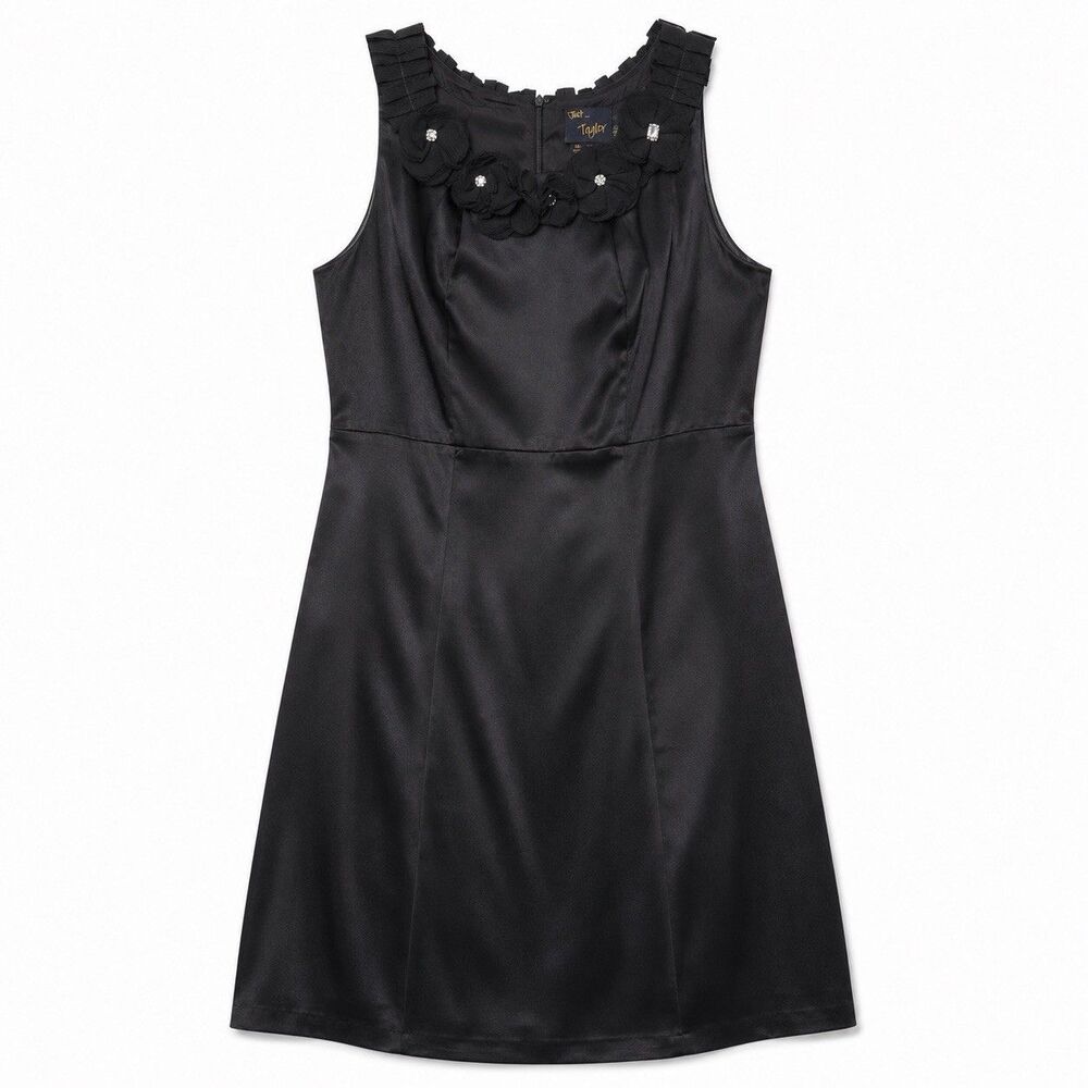 Just Taylor Women Sleeveless Flower Collar Black Sheath Satin Dress Size 12 NWOT